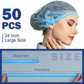 LEOBRO 24 Inches Large Hair Nets, Hair Nets for Food Service Workers, Hairnets for Foodservice, Kitchen Hair Nets for Women Men Cooking, Disposable Bouffant Caps, Hair Cover, 50PCS, Blue