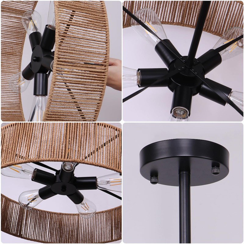 Cunfash 6-Light Black Boho Rattan Semi-Flush Mount Ceiling Light, Farmhouse
