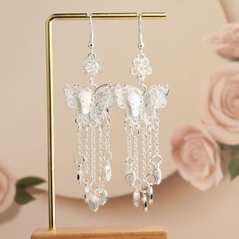 DIAMANTIO 18K Gold Plated Vintage Silver Filigree Butterfly Dangle Earrings – Ethnic Long Tassel Design with Floral Accents, Lightweight Boho Statement Jewelry for Women
