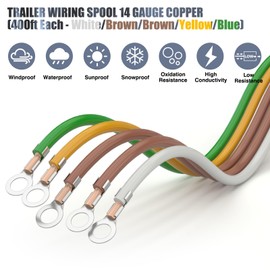 SUZCO 400Ft Enough 14AWG CCA【2-Brown-Wires】 4 Color-Coded 4-Way 5-Wire Bonded Trailer RV Camper Towing Hitch Wiriing Spool, 5-Flat Wishbone SAE J1128 for All Basic Wire Trailers