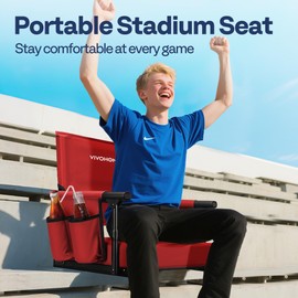 VIVOHOME Stadium Seat with Back Support and Cushion, Portable Bleacher Chair with Cup Holder and Shoulder Strap, Comfortable for Various Sports Events, Red