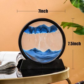 7.5inch Moving Sand Art Picture Liquid Motion 3D Round Glass Quicksand Decor Deep Sea Sandscapes with Display Flowing Sand Frame Desktop Office Relaxing Art Gifts Toys(Blue)