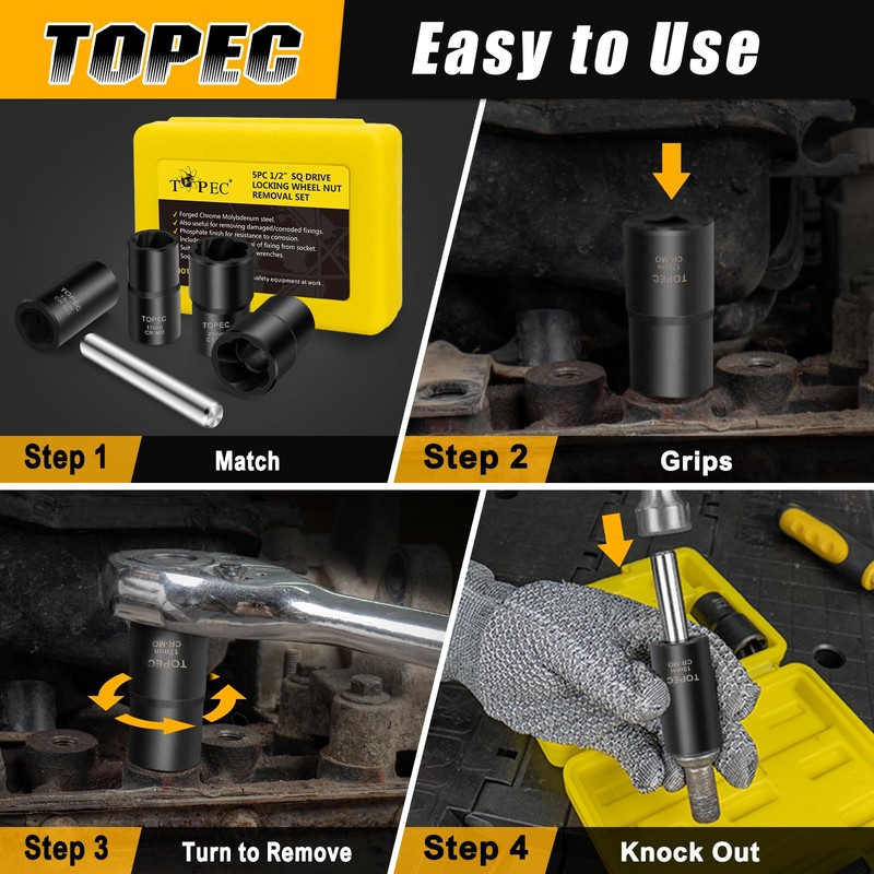 Topec 5PCS Lug Nut Extractor Set, 1/2-Inch Drive Wheel Lock
