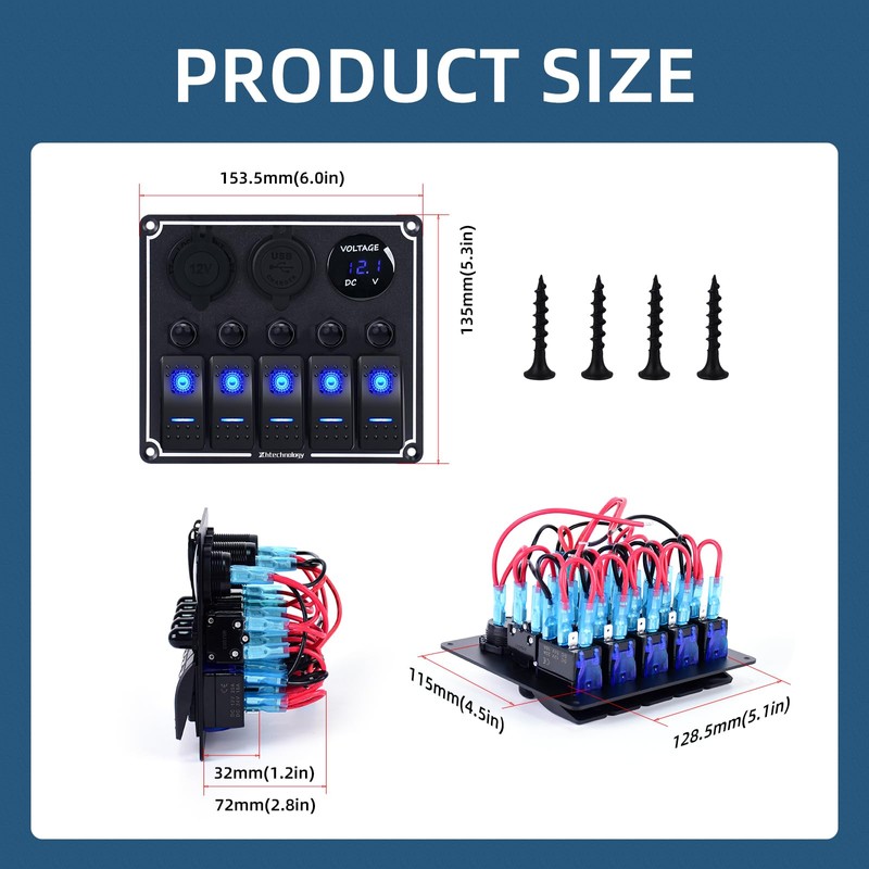 5 Gang Marine Boat Switch Panel with Dual USB Charger