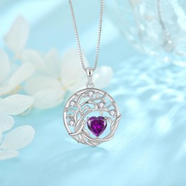 FJ Tree of Life Necklace Women's 925 Sterling Silver Tree of Life Necklace Pendant Birthstone Jewellery Gifts for Women, Cubic Zirconia, Amethyst