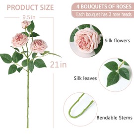 mizii 4Pcs Pink Artificial Roses Flowers Fake Silk Rose Flower with Leaves Stems Realistic Faux Floral Arrangement Decorations for Wedding Table Centerpieces Vase Home Decor (Pink)