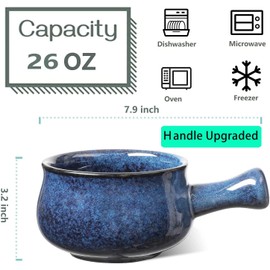 vicrays French Onion Soup Bowls With Handles, 26 Ounce for Soup, Chili, Beef Stew, Chip Resistant, Dishwasher Microwave Safe, Set of 4 (Blue)