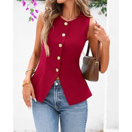 BTFBM Summer Sleeveless Blazer Vest For Women Dressy Button Down Round Neck Business Casual Outfits Work Suit Vests Tops(Red, X-Large)