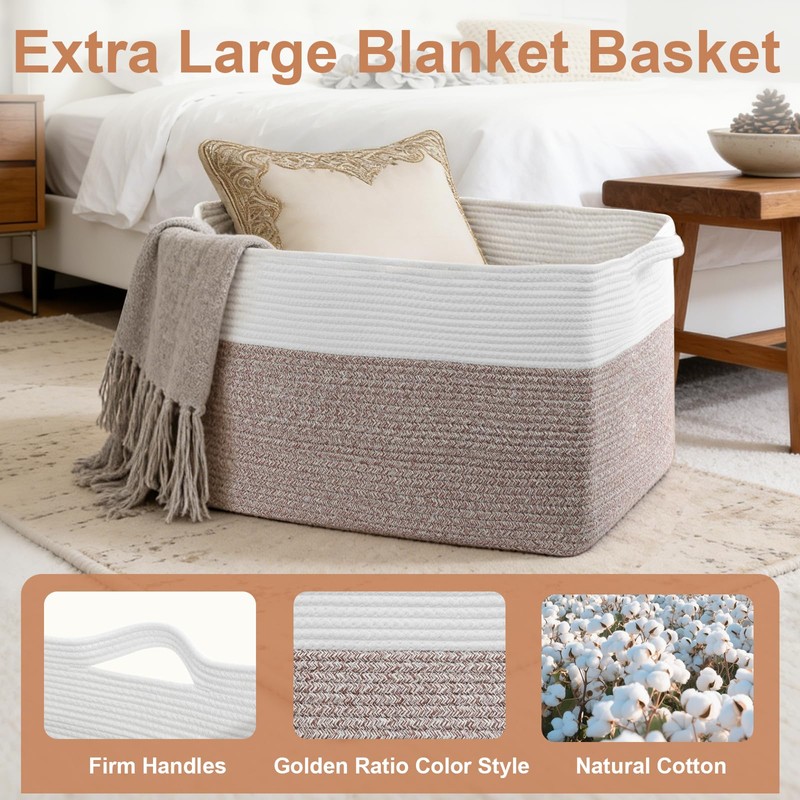 75L Large Blanket Storage Basket with Handles - White &