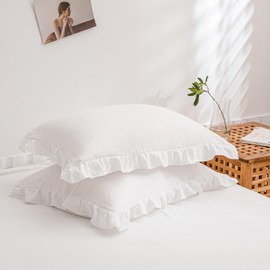 Herside White Ruffle Pillowcases Set of 2 Boho Pillowcases Shabby Chic Ruffle Lace Design Soft Farmhouse Pillow Cover 2 Pack (White,50x75 cm)