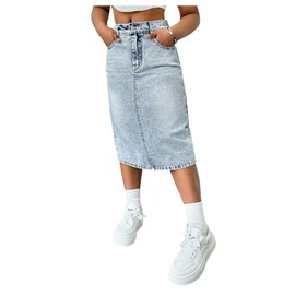MakeMeChic Girl's Denim Skirt Elastic Waist Y2k Jean Midi Skirts with Pocket Blue 8Y