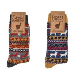 2 Pairs of Norwegian Premium Wool Socks for Men and women, Winter Thermal Knitted, Peruvian Pattern Crew Soft Merino & Alpaca Wool Comfortable Hygge, Cold weather Sock, Mustard-Charcoal (Mix3, 2-5)