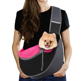 Pawaboo Dog Sling Carrier, Hand Free Breathable Mesh Bag for Puppy Cat, Drawstring Dog Papoose with Adjustable Strap and Pocket, Crossbody Satchel Dogs Purse for Outdoor Travel, L, Magenta