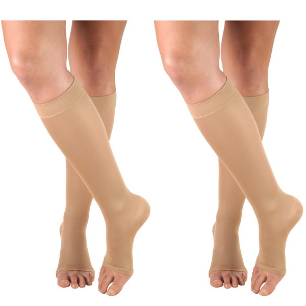 Truform Women's Compression 15-20 mmHg Knee High Open Toe Stockings Beige, Medium, 2 Count