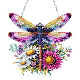 Dragonfly Flowers Diamond Painting Hanging Kits for Adults Dreamcatcher, Diamond Art Kits Pendant Ornament, 5D Special Shaped Crystal Gem Art, Small Diamond Painting for Wall Window Decor