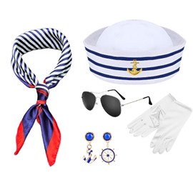 NebulaGlam NebulaGlam 5 Stück Frauen Matrosen Kostüm Set, Matrosenmütze Sonnenbrille Quadratisches Set Ohrringe Handschuhe, Marine Outfit, Kapitänsmütze Seemann Kapitän für Damen Yacht Party Cosplay Karneval