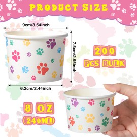 200 Count 8 oz Paper Ice Cream Cups Disposable Sundae Cups Dog Paw Party Favors Dessert Bowls Dog Paw Yogurt Picnic Cups for Hot Soup Snack Treat Fruits Food Birthday Party Decoration (Black, White)
