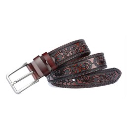PACDE Black Coffee Print Flower Leather Strap Pin Buckle Jeans Men Belt(Coffee, 105cm)