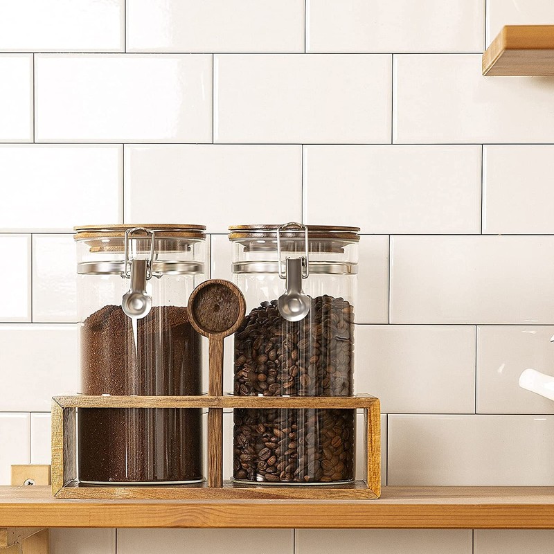 Yangbaga Glass Coffee Container with Wooden Shelf,2×45OZ Coffee and Sugar