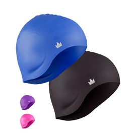 The Friendly Swede Swim Caps for Women & Men - Silicone Swimming Caps for Medium & Long Hair; Waterproof Swimming Cap for Women to Keep Hair Dry; Swim Cap for Adult and Child - Blue & Black 2-Pack