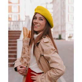 Parquet Solid Color French Beret Wool Material. Classic French, Casual and Chic Lightweight Beanie Cap Hat Hunter for Women Yellow