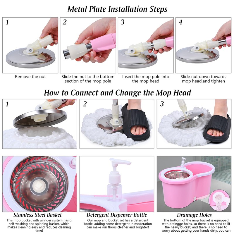 Cute Pink Mop and Bucket Set with 3 Extra Refills