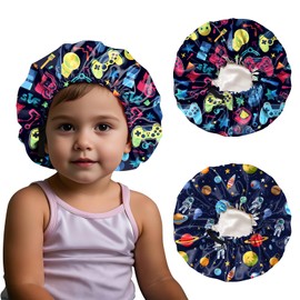 BHAHB 2 PCS Kids Bonnets for Girls Boys Satin Silk Hair Bonnets Double Layer Elastic Adjustable Hair Caps for Sleeping Reusable Cute Aesthetic-Blue