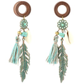 Balala 00G 10mm Verdigris Patina Brass Feather Tassel Shell Wood Dangle Ear Gauges Piercing Flesh Tunnels Plugs Statement Earrings