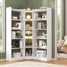 Nosepen 6 Tiers Corner Bookshelf, 63.1" Tall Modern Corner Etagere Bookcase Storage Display Rack Book Shelf with Baffle, Industrial L Shaped Bookshelves for Bedroom, Home Office, Living Room, White