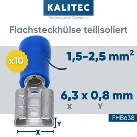 Pack of 10 Kalitec FHB638 Blade Receptacles Blue 6.3 x 0.8 Cable Connector I 1.5-2.5 mm² Connector I Partially Insulated I Brass I PVC Collar I for Car and Industry