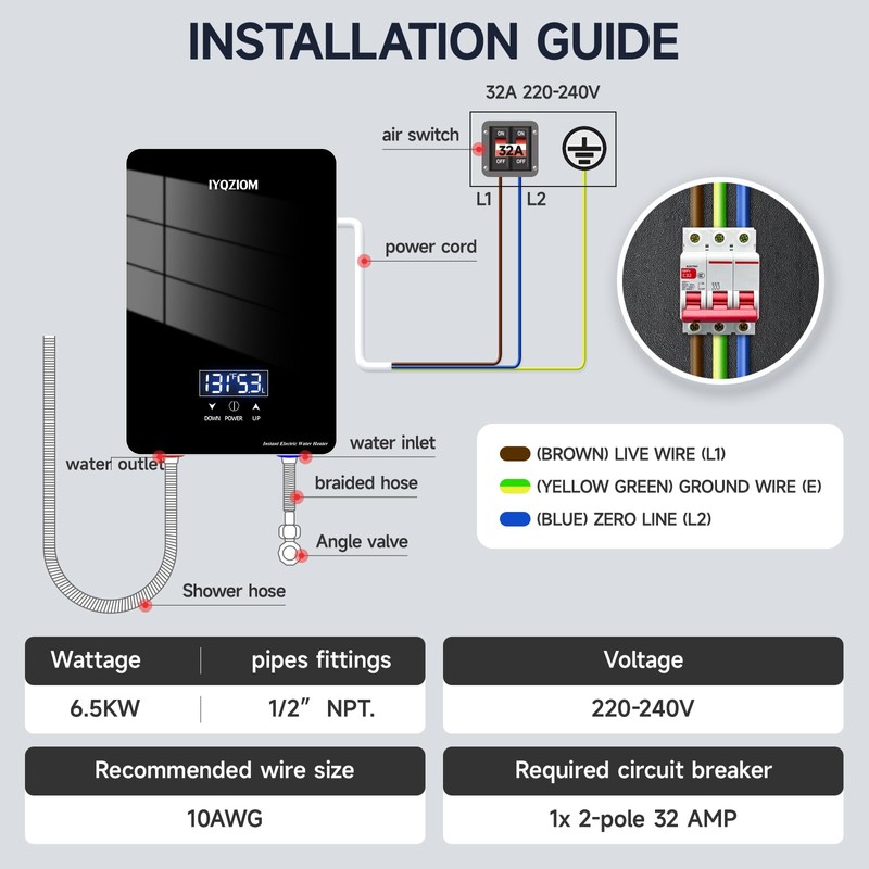 Instant Electric Water Heater 240V 6.5kW.Tankless Water Heater for Kitchen