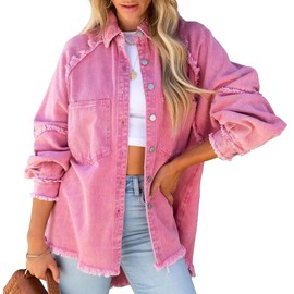 AprPith Women Long Sleeve Denim Jacket Oversized Lapel Button Up Shacket Casual Boyfriend Western Trucker Jean Jackets