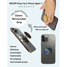 HANDL O MagSafe Black Leather Phone Grip & Stand – Removable Magnetic Grip, Retractable Finger Holder POPL Tap-to-Share Contact Tech