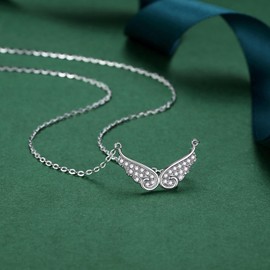 ZHOANLE Angel Wings Necklace Moissanite 925 Sterling Silver with 18K White Gold Plated Guardian Angel Pendant Necklace,Dainty Simple Minimalist Necklace for Women Birthday Gift