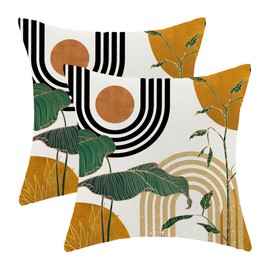 Sorktse Boho Pillow Covers 18x18 Inch Set of 2 Mustard Yellow Mid Century Throw Pillow Covers Summer Gold Green Tropical Leaf Pillow Cases Outdoor Decor for Living Room Bedroom Linen Square Cushion