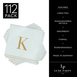 Luxe Party 112 Pack Monogram Cocktail Napkins, Letter K Initial, Disposable, Premium Airlaid, Linen Feel, Decorative, White and Gold