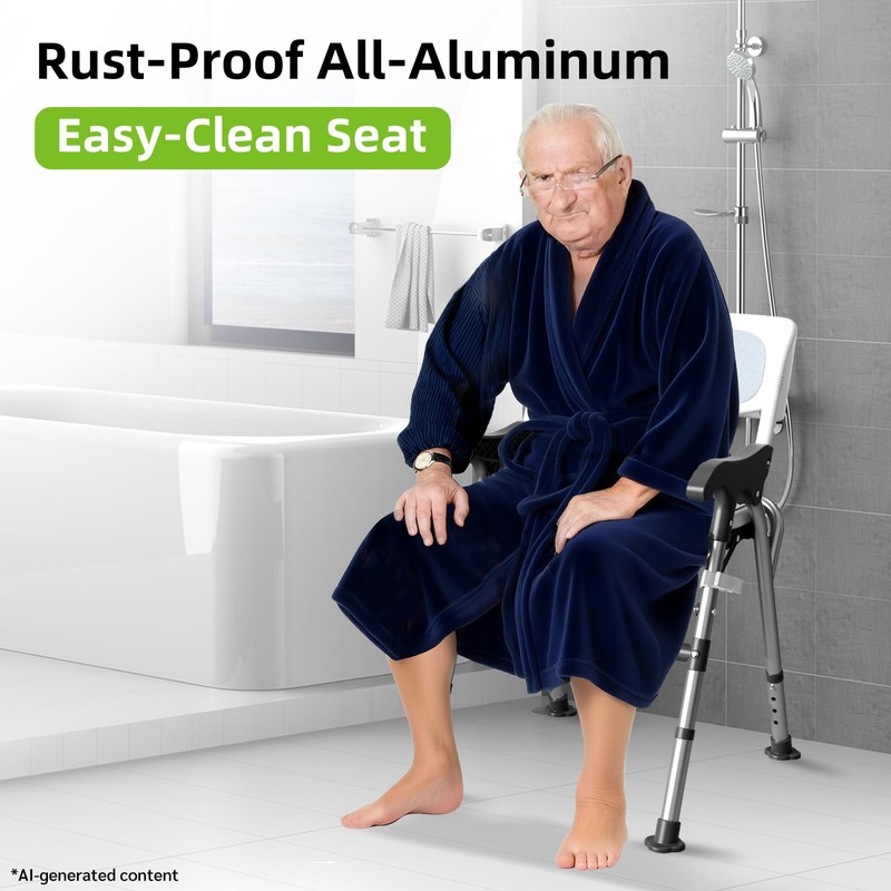 3-in-1 Shower Chair for Seniors, Foldable Bedside Commode, Height Adjustable