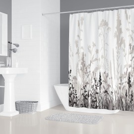 M&W DAS DESIGN Shower Curtain Black Plants Shade Textile Curtain Leaves Flowers Colour-Resistant Anti-Mould Washable 12 C-Rings Weight Bottom