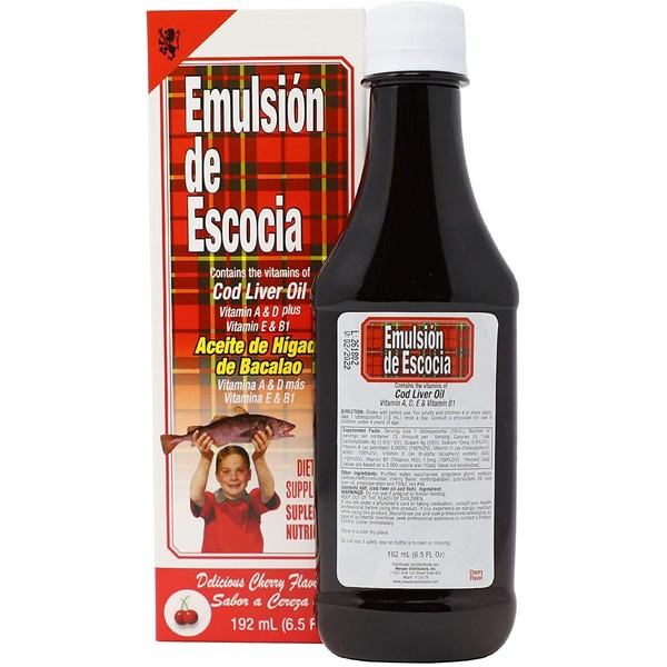 Emulsion de Escocia Vitamins A, B1, D and E Aceite de Higado de Bacalao (Cherry, 6.5 FL OZ)