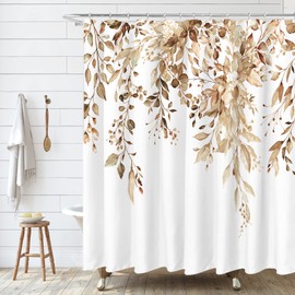 Tititex Tan Eucalyptus Shower Curtain, Watercolor Brown Leaves on The Top Plant with Floral Bathroom Decoration Shower Curtain Sets 72x72 Inch with Hooks