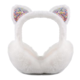 PESAAT Fluffy Ear Muff for Women Plush Foldable Earmuffs Kids Winter Earmuffs Girls Boys Cold Weather Ear Warmer (White Cat)