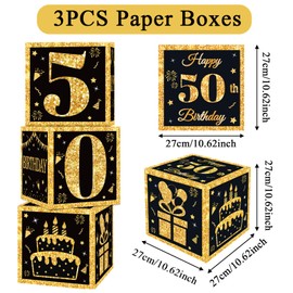 50th Birthday Decorations Boxes For Men Women - 3pcs Black Gold Happy 50th Balloons Boxes, 50 Year Old Party Supplies Birthday Table Decorations For Men Women