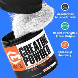 Crazy Muscle Creatine Monohydrate Powder, 5000mg Premium 3X ThreeAtine Pre Workout Mass Gainer, High Absorption Easy to Take Powder Optimum Performance for Men & Women, 30 Servings