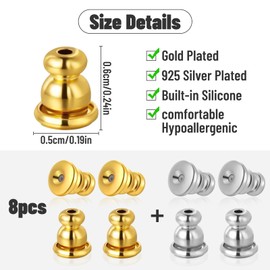 Respaldo para arete, 8 piezas de respaldo de bloqueo para tachuelas, hipoalergénicos de oro de 18 quilates, reemplazo para arete de retención de color dorado y plateado