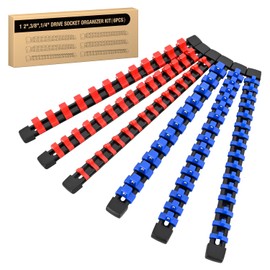 GOOACC Socket Organizer ABS Socket Holder Set 1/4" 3/8" 1/2" Drive Socket Rail Holders Stores up 86 Clips Impact Sockets Organizers Rails for Tool Box Drawer, 6 Piece Blue Red