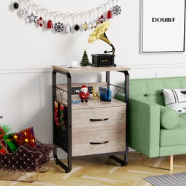 runjuly Nightstand with Drawers, Storage Night Stand with Charging Station Type C Port, Small Side Table with Hooks, Wood Metal End Table for Living Room, Bedroom, Dorm, Greige