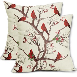 Aytipun Red Winter Bird Pillow Covers 16x16 Set of 2 Rustic Christmas Bird Branches Leaf Print Decorative Outdoor Pillowcases Rustic Farmhouse Throw Cushion Case Decor for Couch Sofa Bed