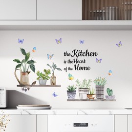Tanlaby Kitchen Flowers and Plants Wall Stickers Kitchen Wall Art Decals The Kitchen is The Heart of The Home Word Saying Peel and Stick Wall Murals for Kitchen Dining Room Restaurant Wall Decor