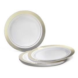 " OCCASIONS " 720 Pcs set (120 guest) Wedding Disposable Plastic Plate and Silverware Combo 10.5" + 7.5" + Silverware (Double Fork) (Celebration in White & Gold Plates, Gold Silverware)