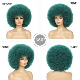 JSDshine Green Afro Wigs for Women - Soft 70s Kinky Curly Synthetic Hair Wig with Bangs, Natural Looking Short Afro Puff Bouncy Big for Daily & Party Use
